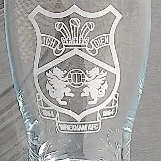Wrexham AFC Pint Glass with Etched Club Crest, Licensed Merchandise to Handy Stamps Ltd, with slate coaster